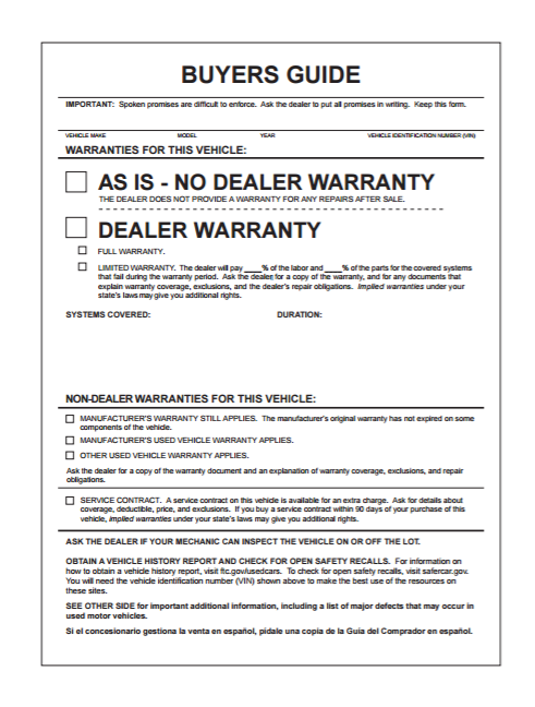 FTC Approves Final Changes to Used Car Rule – New Buyers Guide Label Format